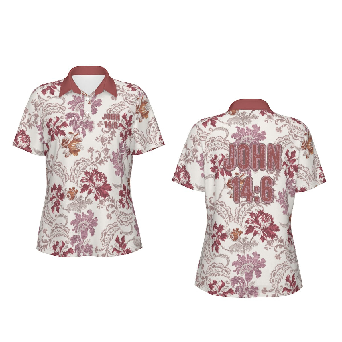 "John 14:6" Red & White Floral Print Women's Sports Polo Shirt with Stretch Fabric
