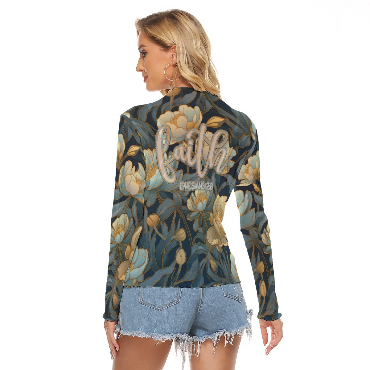 "Faith Ephesians 2:8" Blue Floral Women's Mesh T-shirt
