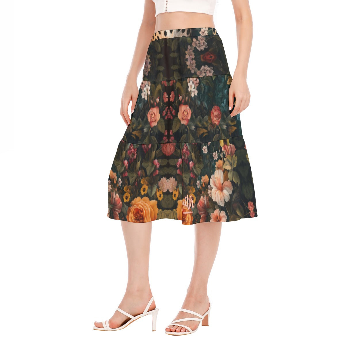 Floral Print Women's Chiffon Pleated Skirt with Stitched Design "Faith Hebrews 11:1"