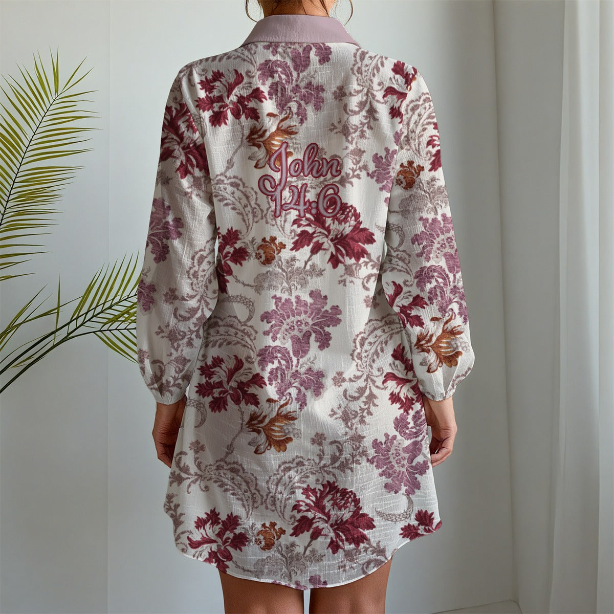 "John 14:6" Red & White Floral Women's Long Sleeve Shirt Dress Soft & Breathable Polyester Fabric