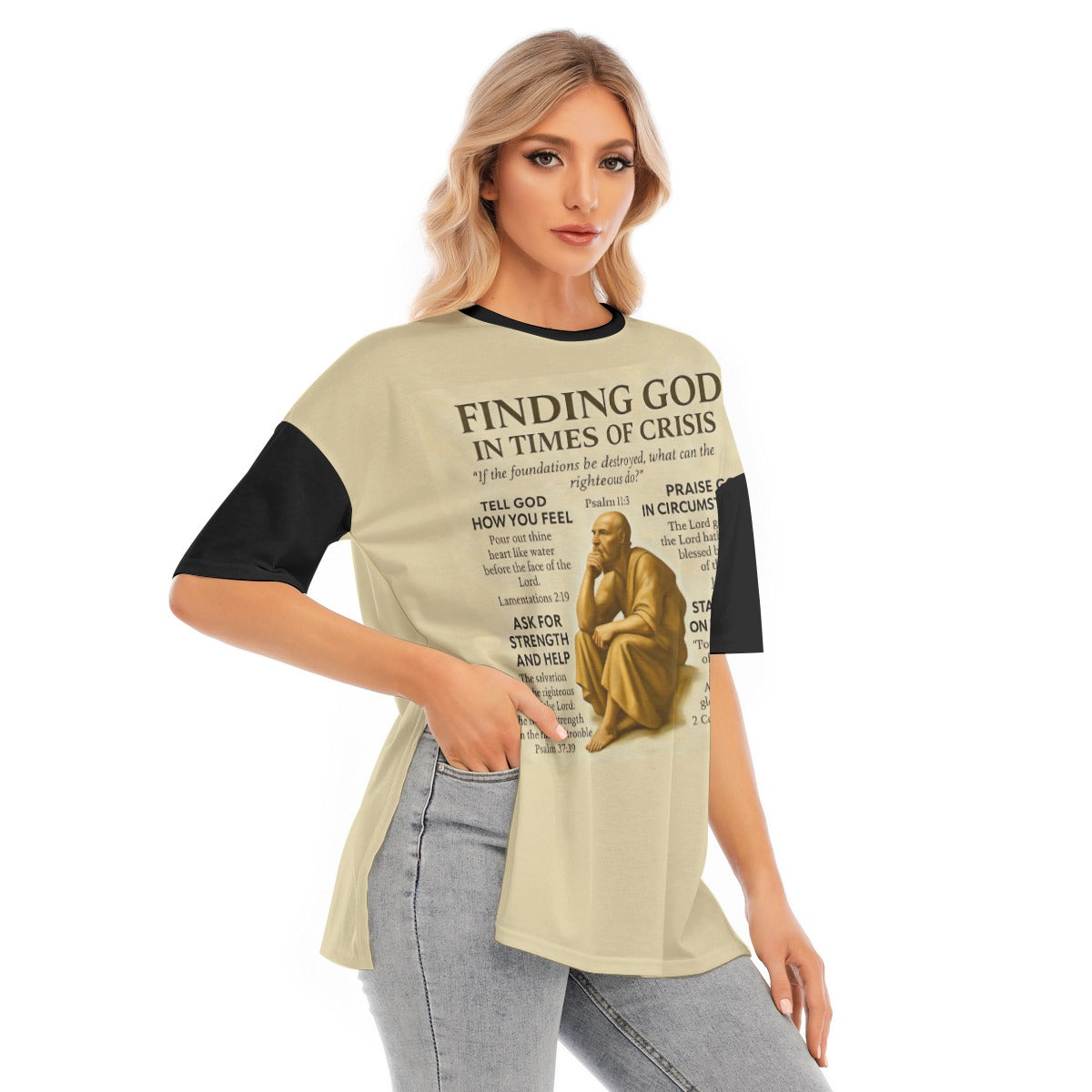 Women's Short Sleeves T-shirt With Hem Split "Finding God in Times of Crisis"
