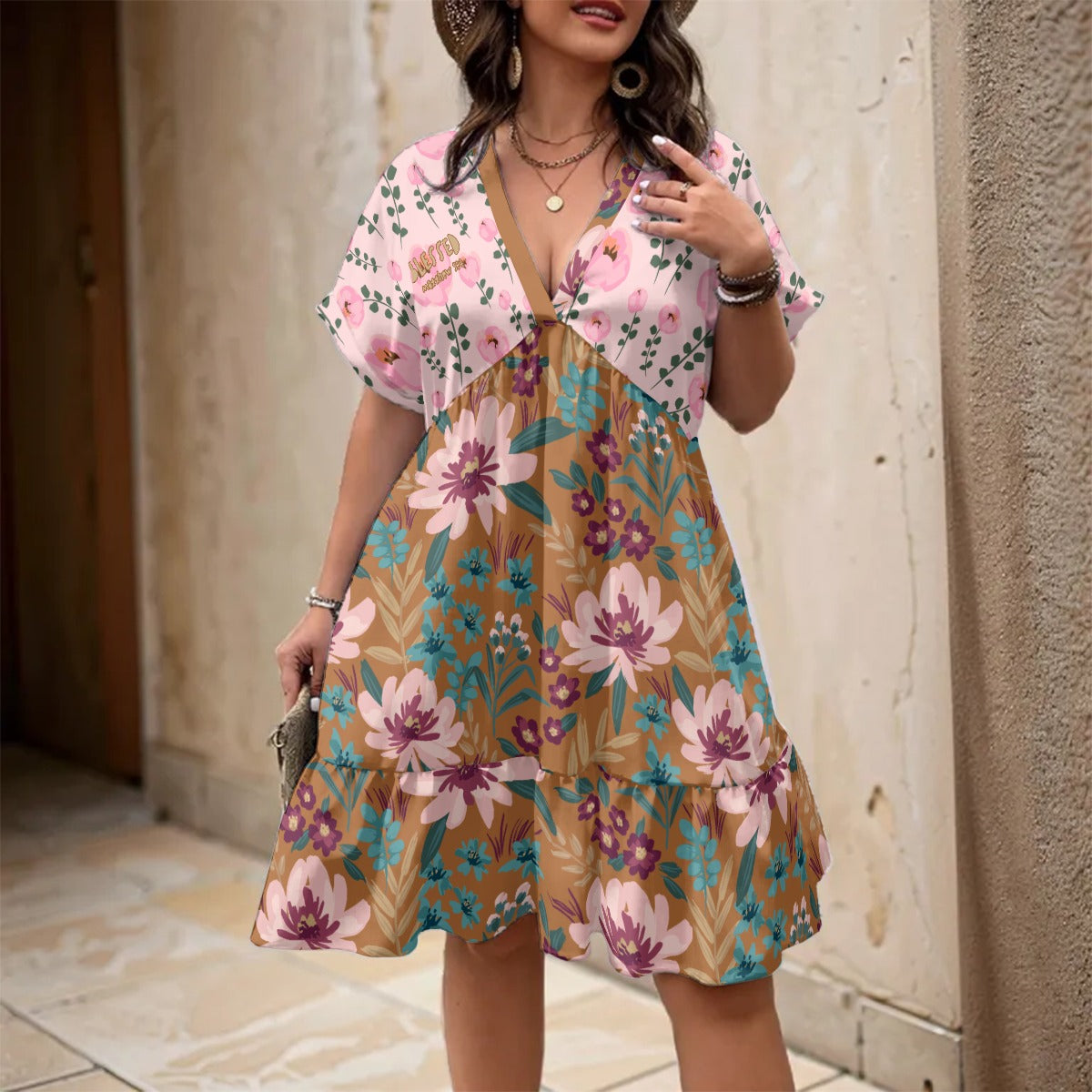 Blessed Matthew 5:4 Two Tone Floral Print Women’s V-Neck Short Sleeve A-Line Dress