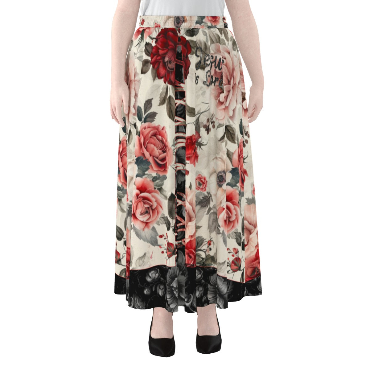 "Jesu is Lord" Red & White Floral Women's Maxi Chiffon Skirts With Lining