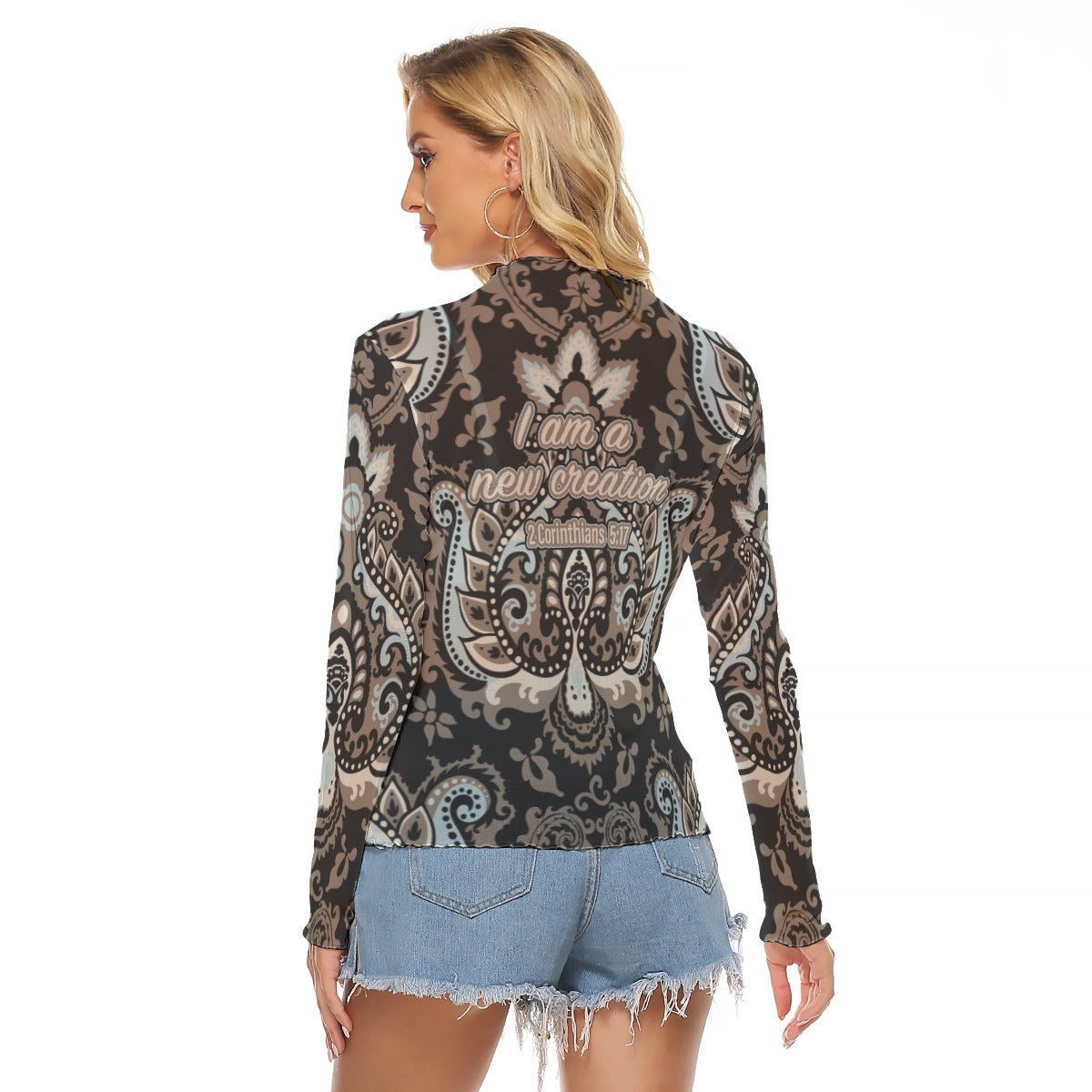 Black Paisley Print Women's Mesh T-shirt "I am a new creation"