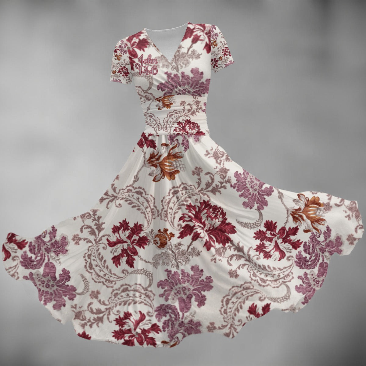"John 14:6" Red & White Floral Women's Short Sleeve V Neck Midi Dress