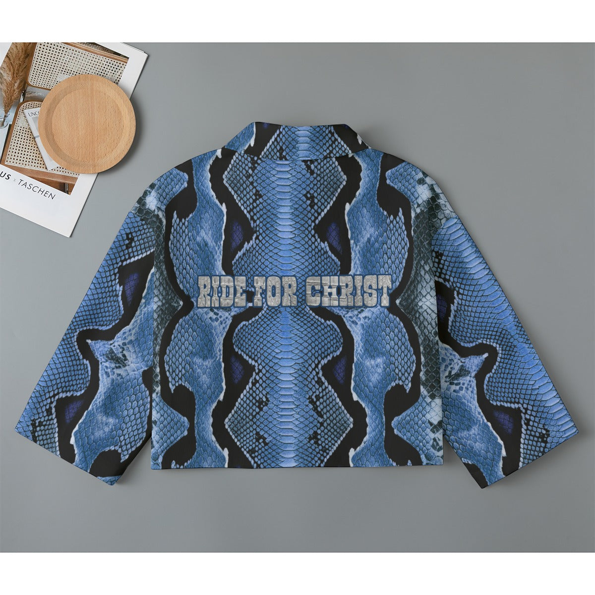 "Ride For Christ" Blue Snake Skin Print Women's Cropped Jacket | 245GSM Cotton