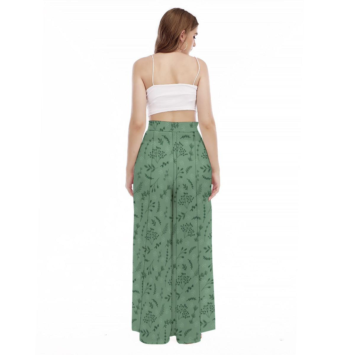 "Blessed Matthew 5:8" Green Floral Print High Waist Wide Leg Trousers for Women