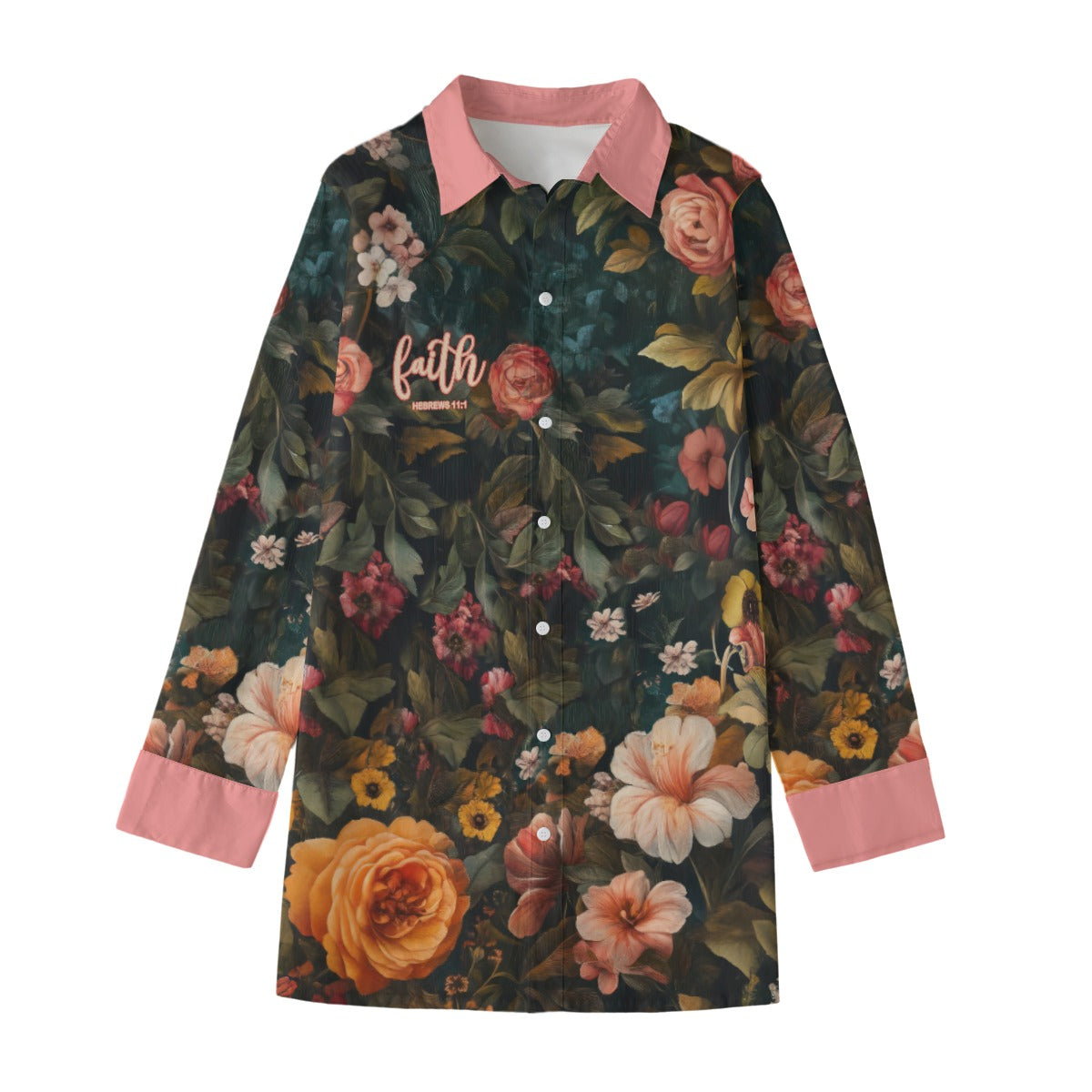 leopard Floral Pink Lapel & Cuffs Print Women's Long Shirt |115GSM Cotton poplin "Faith Hebrew 11:1"