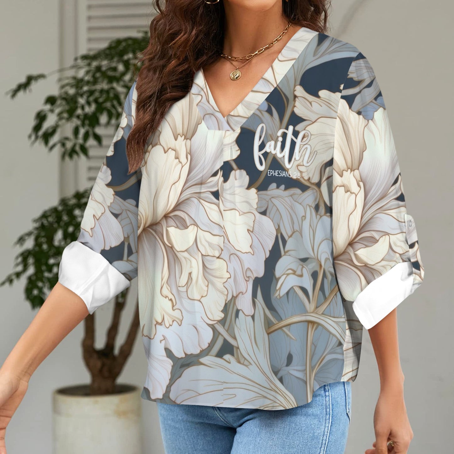 "Faith Ephesians 2:8" Blue & White Floral Women's V-Neck Cuffed Sleeve Blouse Tops