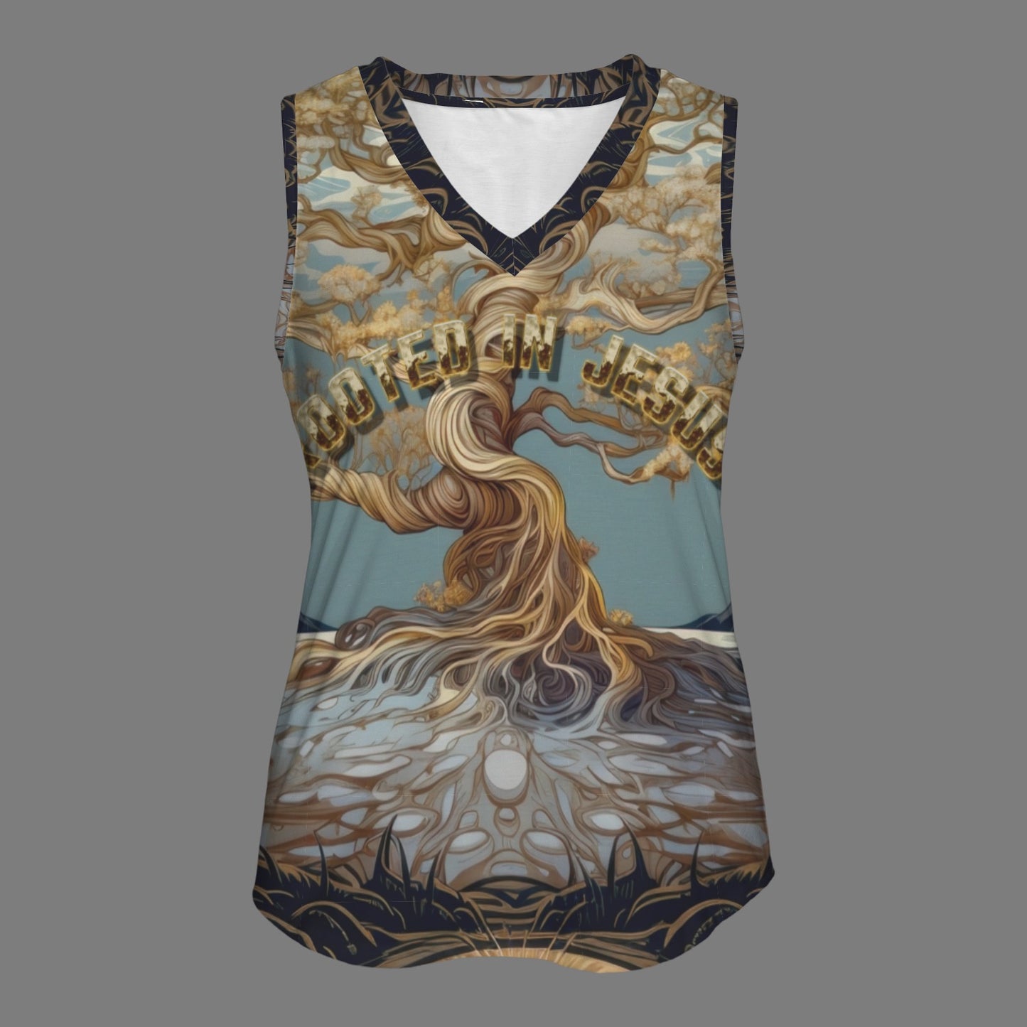 "ROOTED IN JESUS" Women's V-Neck Sleeveless Tank Tops