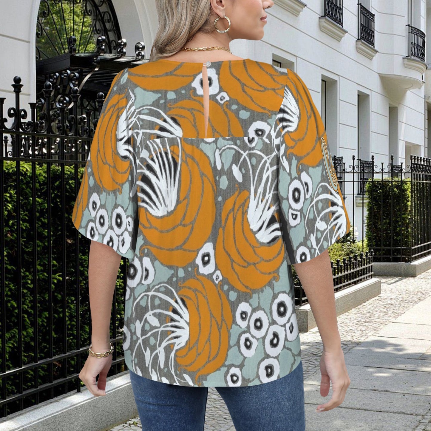 "Faith Ephesians 2:8" Orange Blue & White Floral Women's Bell Sleeve O Neck Babydoll Blouse