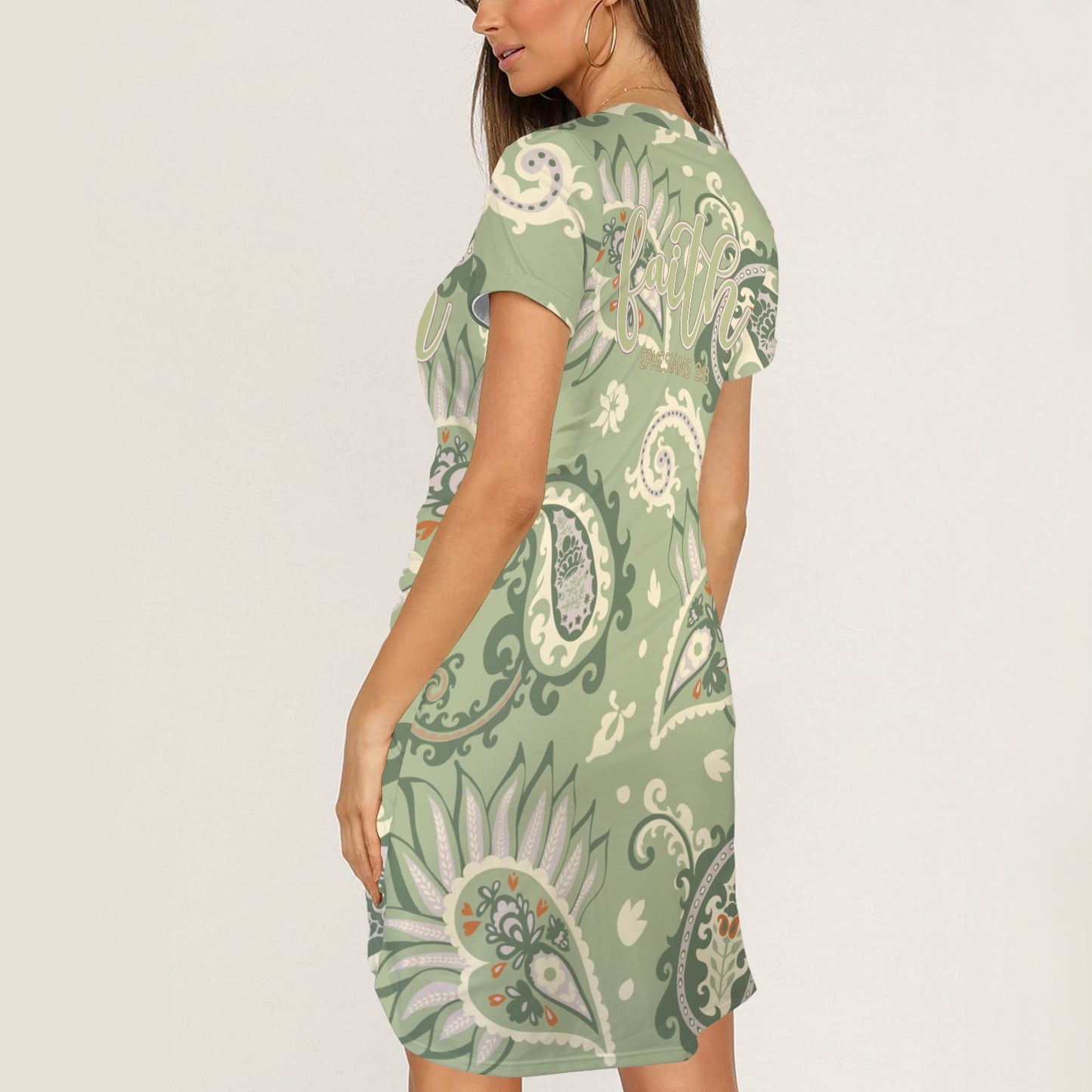 "Faith Ephesians 2:8" Green Paisley Short Sleeve Wrap Bodycon Ruched Tie Waist Dress