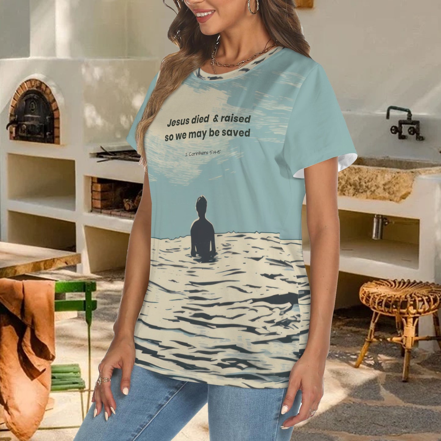 "Jesus died & raised so we may be saved" Women's Crewneck Short Sleeve T Shirts