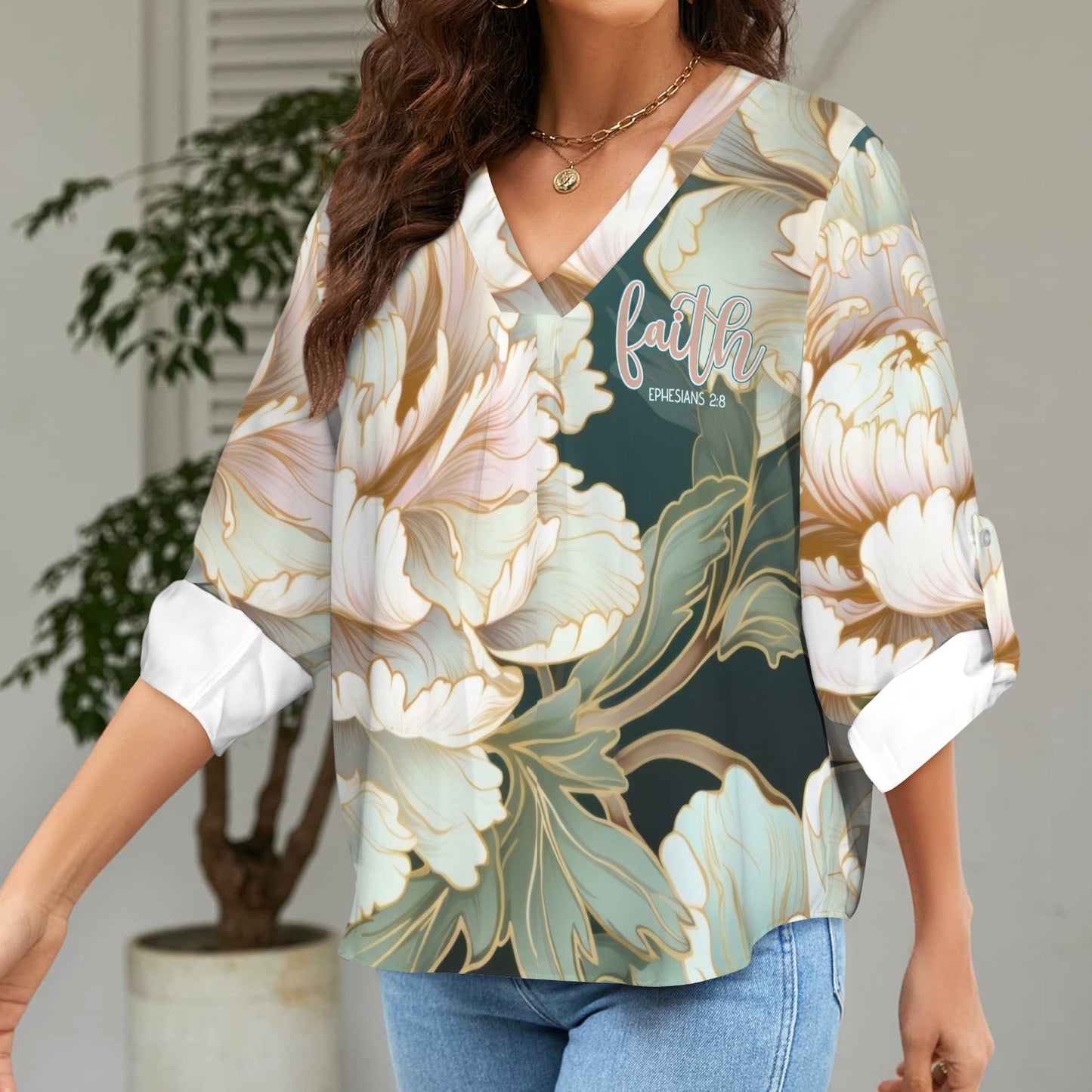 "Faith" Pink & Green Floral Women's V-Neck Cuffed Sleeve Blouse Tops