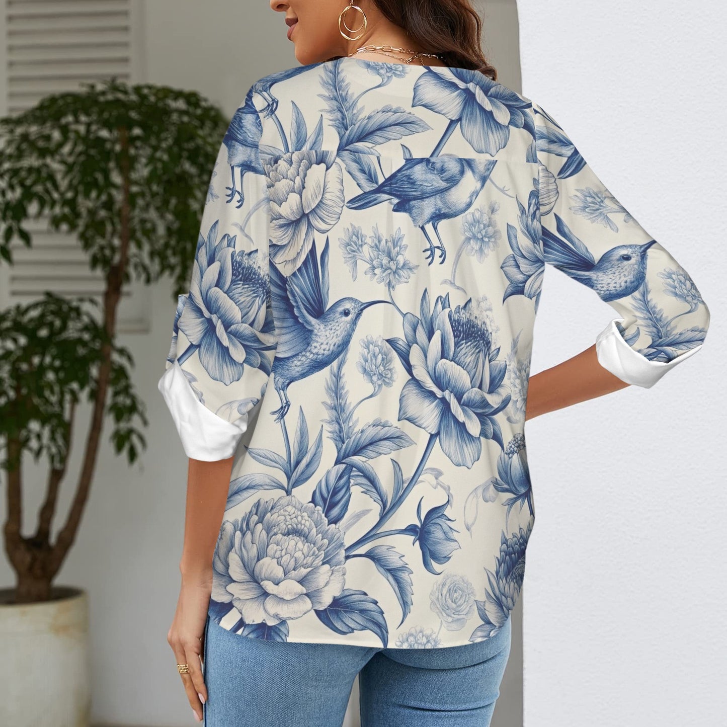 "Faith Ephesians 2:8" Blue & White Birds & Floral Women's V-Neck Cuffed Sleeve Blouse Tops