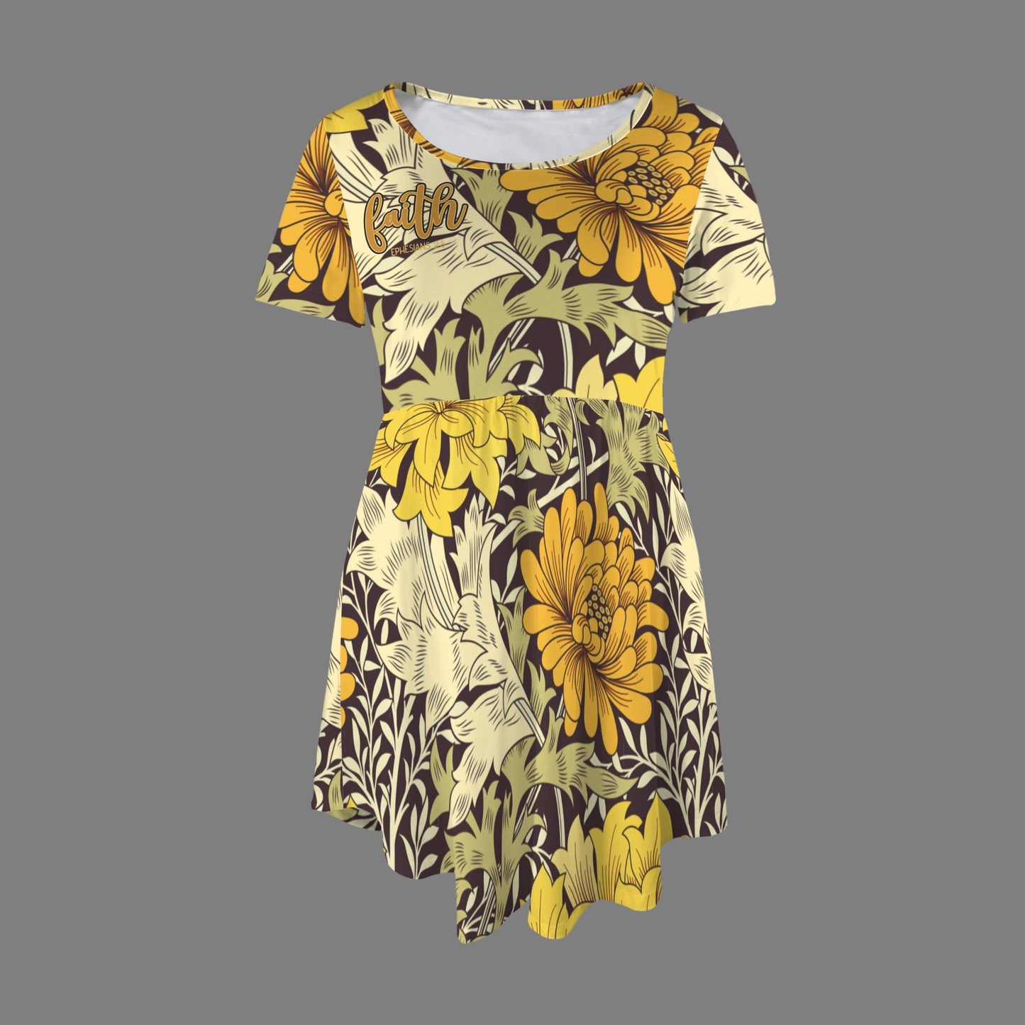 "Faith Ephesians 2:8" Yellow & Black Floral Short Sleeve Pocket Elastic Waist Causal Dress