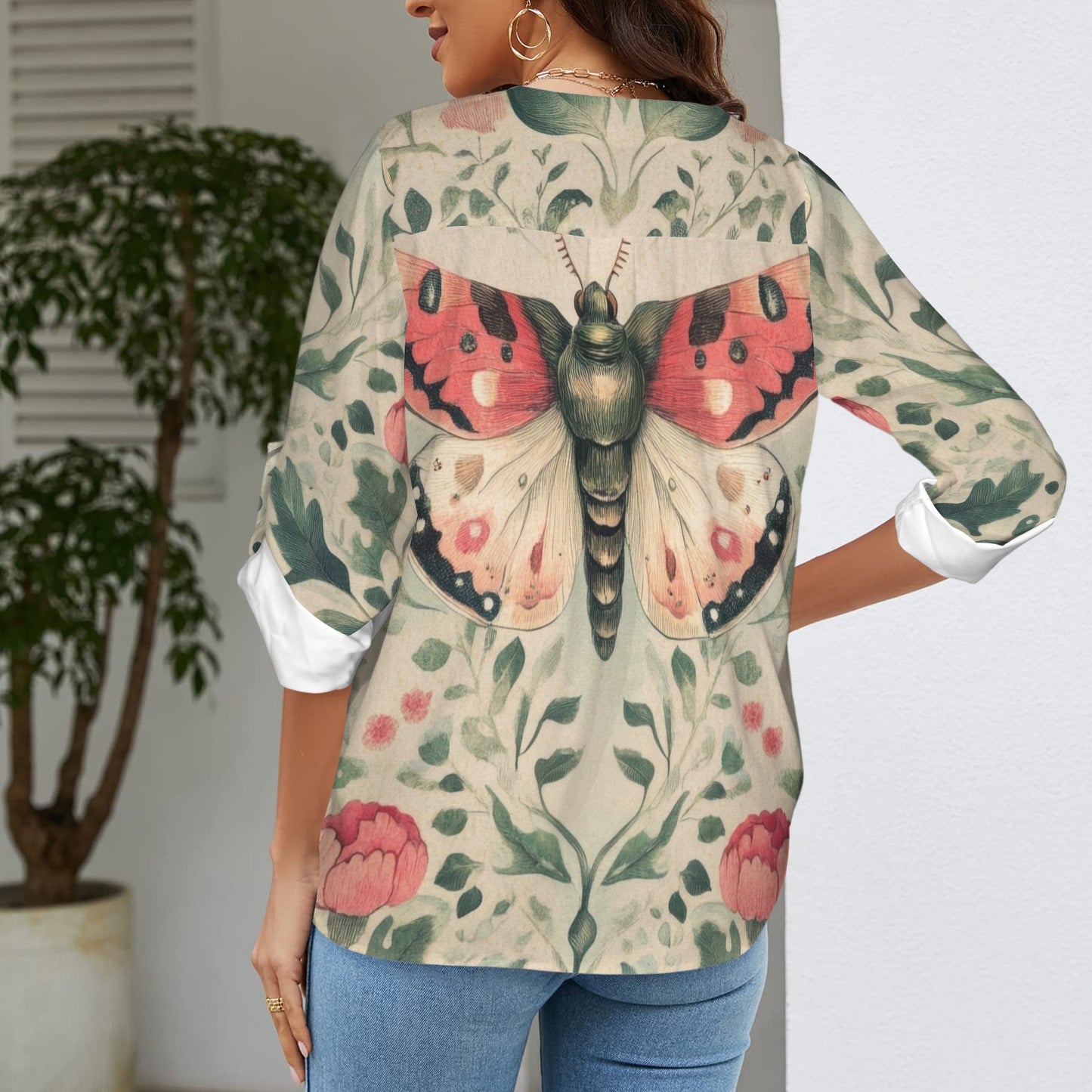 "Faith" Pink & Green & Red Butterfly Floral Women's V-Neck Cuffed Sleeve Blouse Tops
