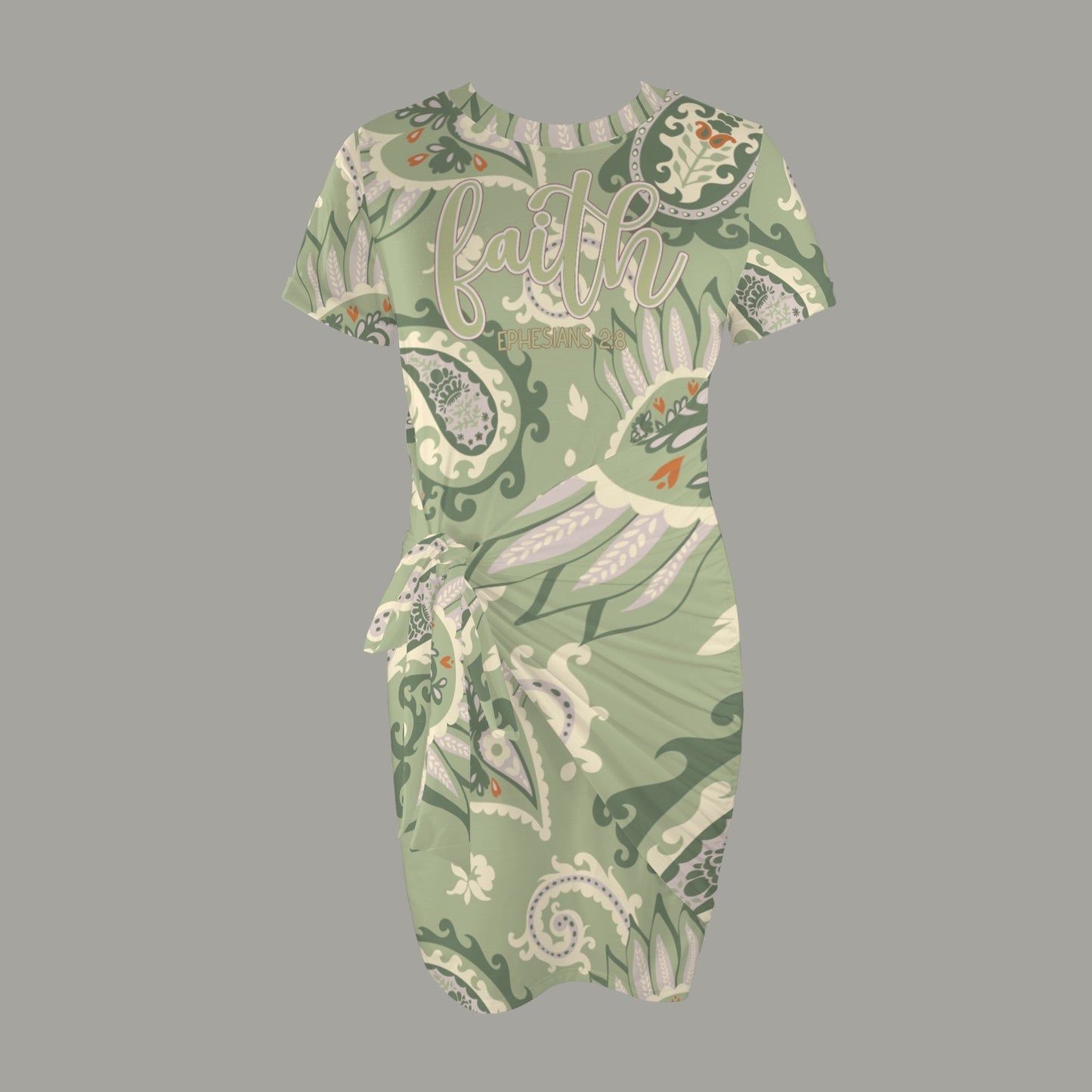"Faith Ephesians 2:8" Green Paisley Short Sleeve Wrap Bodycon Ruched Tie Waist Dress