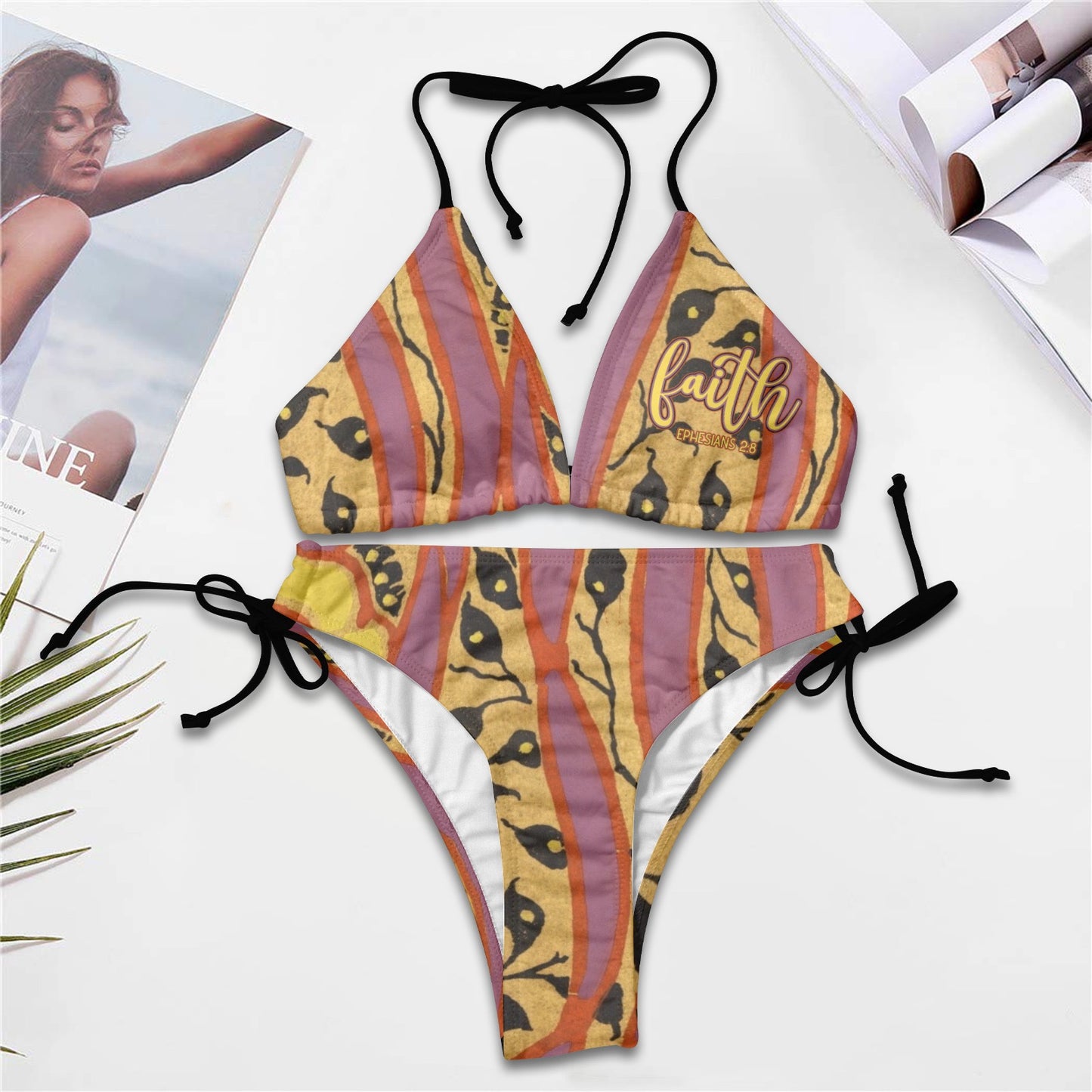 "Faith Ephesians 2:8" Yellow & Purple Stripe Women's String Bikini Set