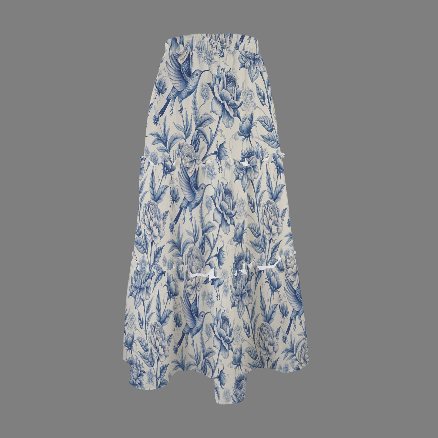 White & Blue Birds & Floral Tie Front High Waist Frill Hem Maxi Skirt