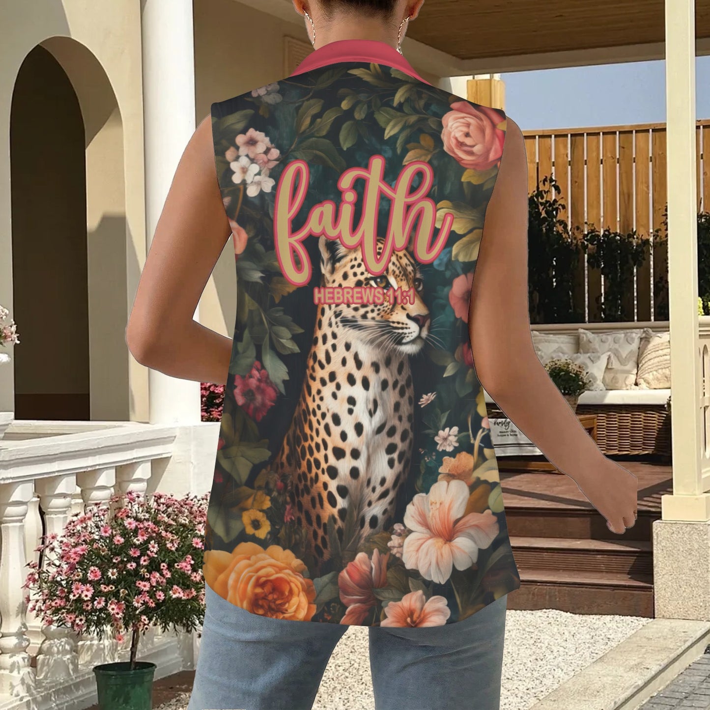 "Faith Hebrews 11:1" Leopard Floral Women's Sleeveless Blazer Vest