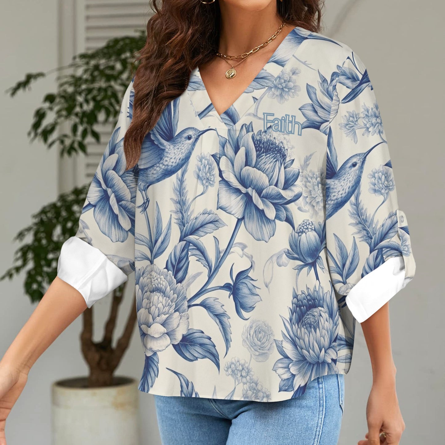 "Faith Ephesians 2:8" Blue & White Birds & Floral Women's V-Neck Cuffed Sleeve Blouse Tops