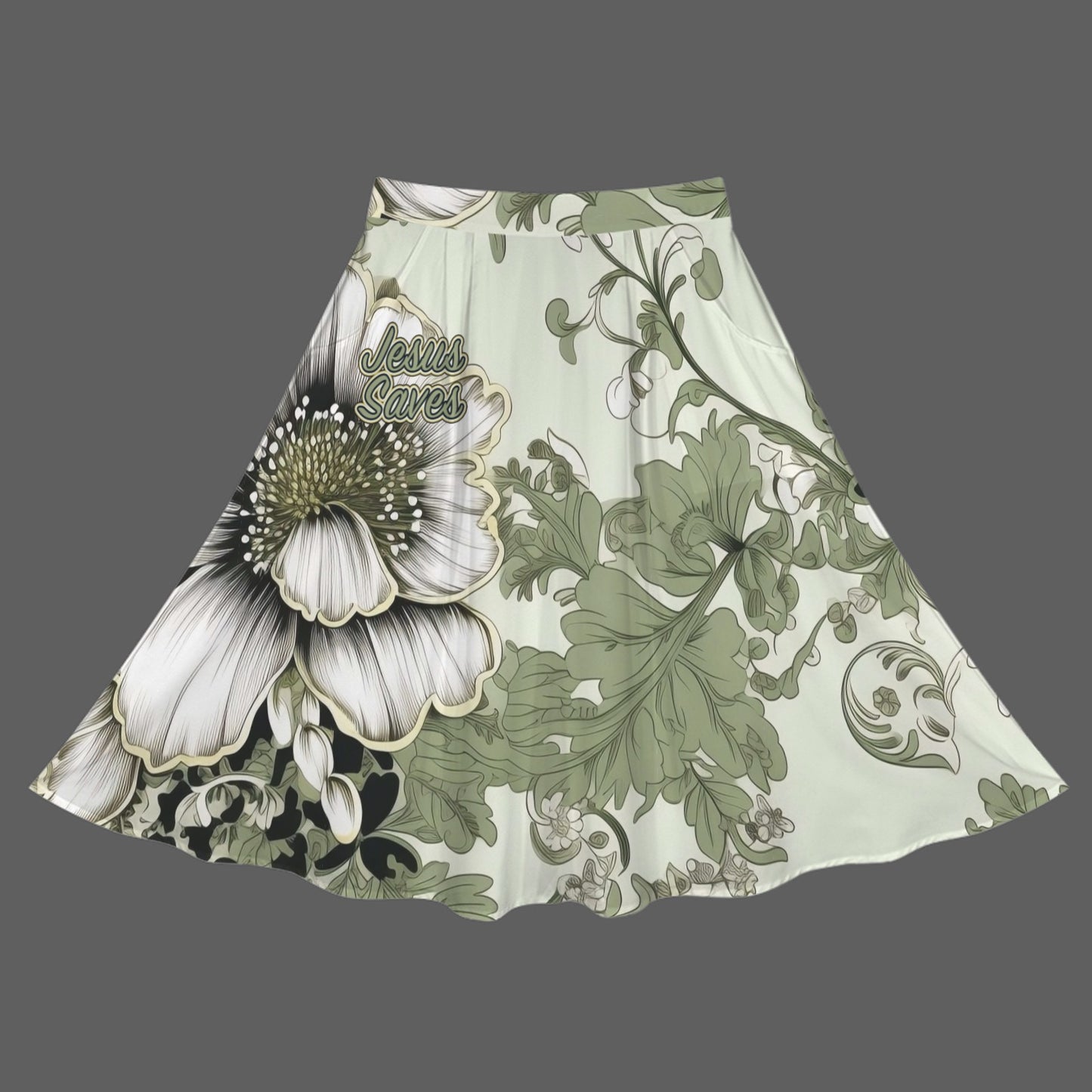 "Jesus saves' Green & White Floral Women's Elastic Waist Pocket Maxi Skirt