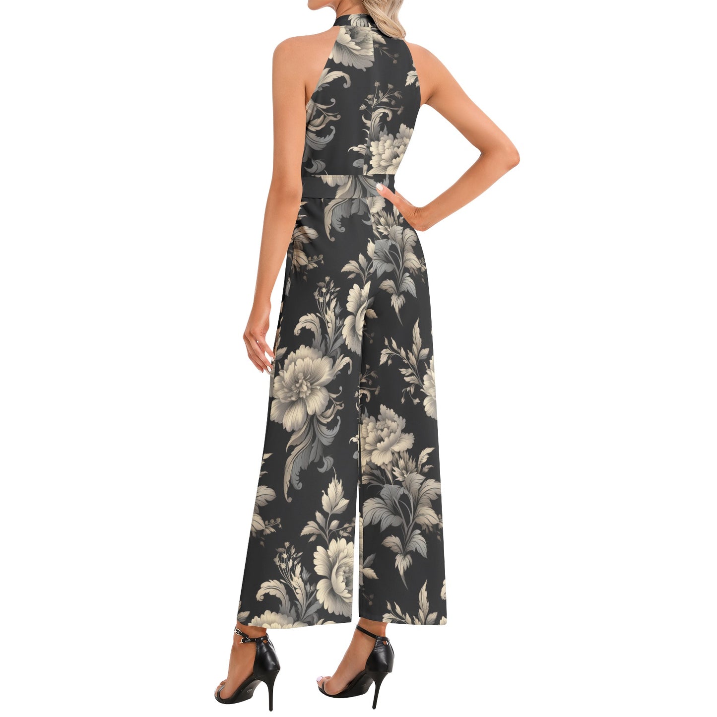 "Faith Ephesians 2:8" Black & Cream Floral Halter Neck Buckle Belted Jumpsuit