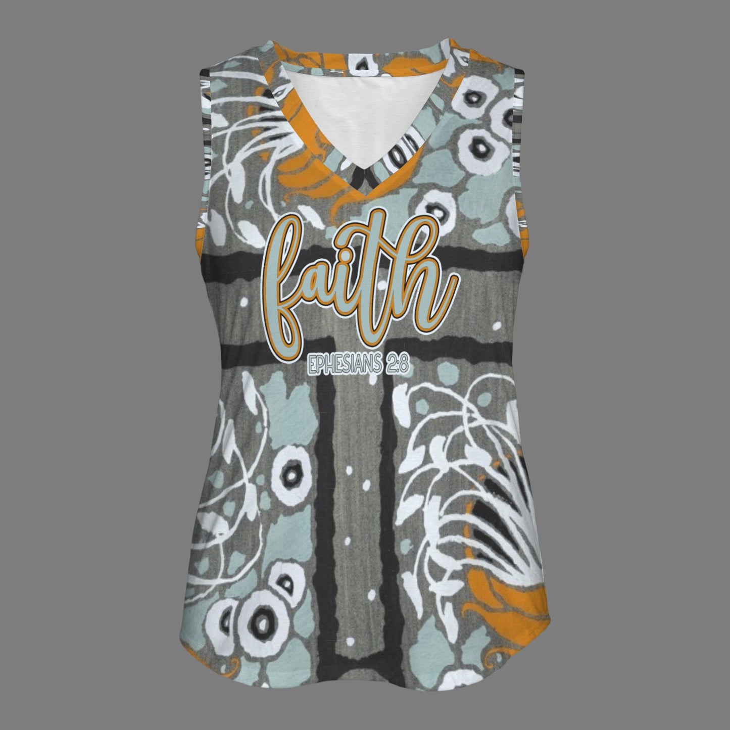 "Faith Ephesians 2:8" Orange Blue White Floral Women's V-Neck Sleeveless Tank Tops