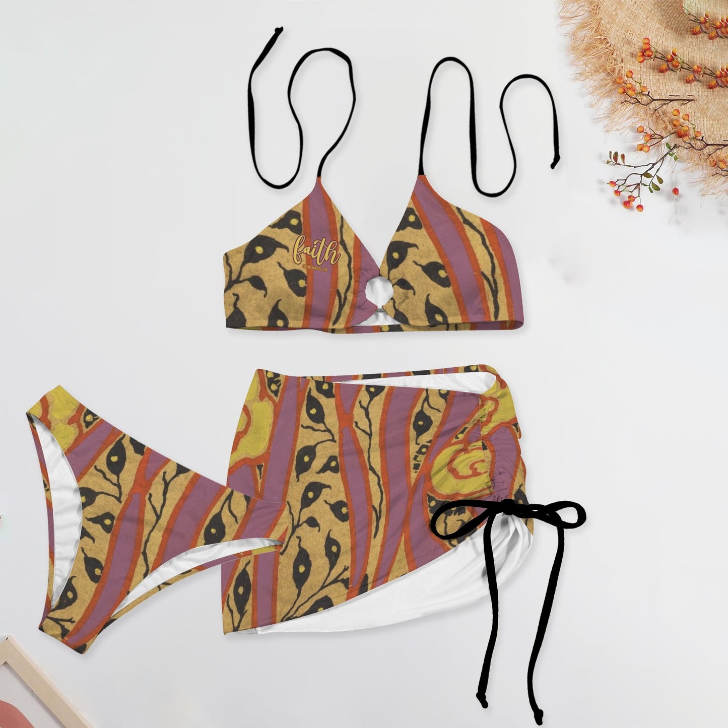 "Faith Ephesians 2:8" Yellow & Purple Stripe Women's Drawstring Halterneck 3 Piece Bikini Sets