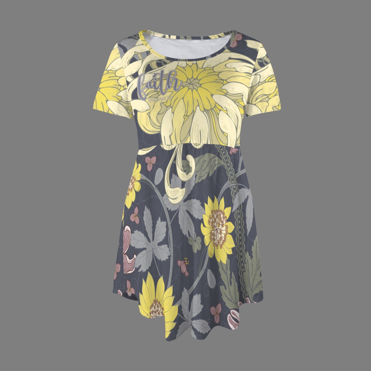 "Faith Ephesians 2:8" Yellow & Black Floral Short Sleeve Pocket Elastic Waist Causal Dress