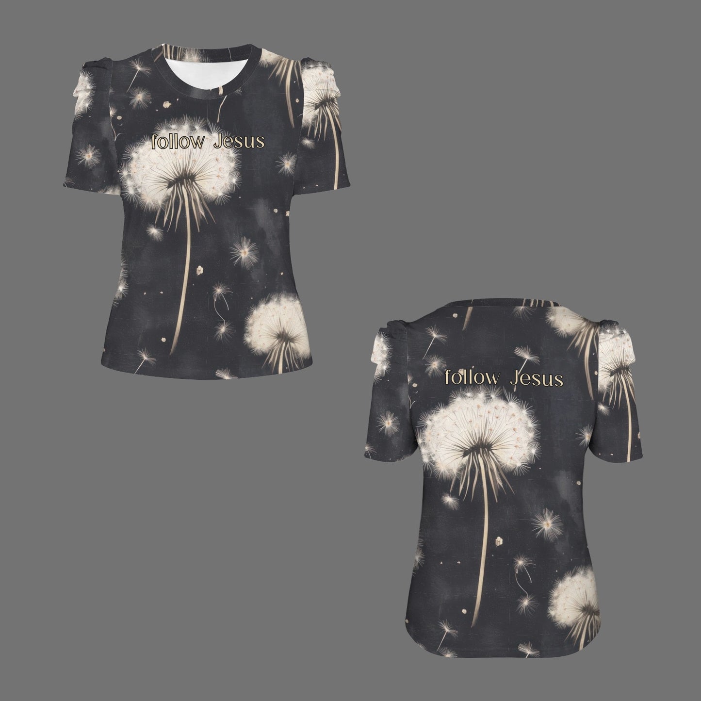 "Follow Jesus" Black & White Dandelion Women's Round Neck Puff Sleeve T-Shirts