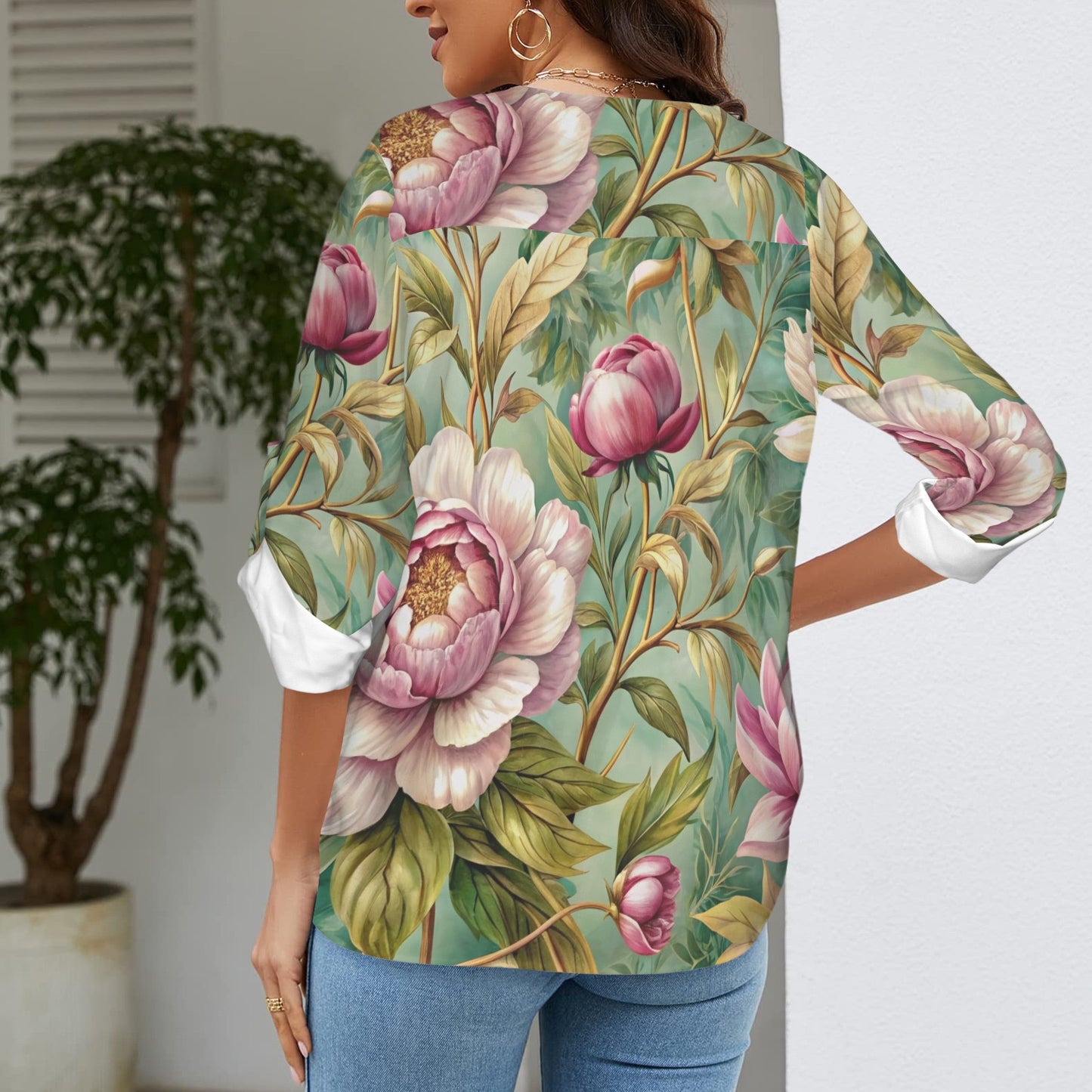 "Faith Ephesians 2:8" Pink & Green Floral Women's V-Neck Cuffed Sleeve Blouse Tops
