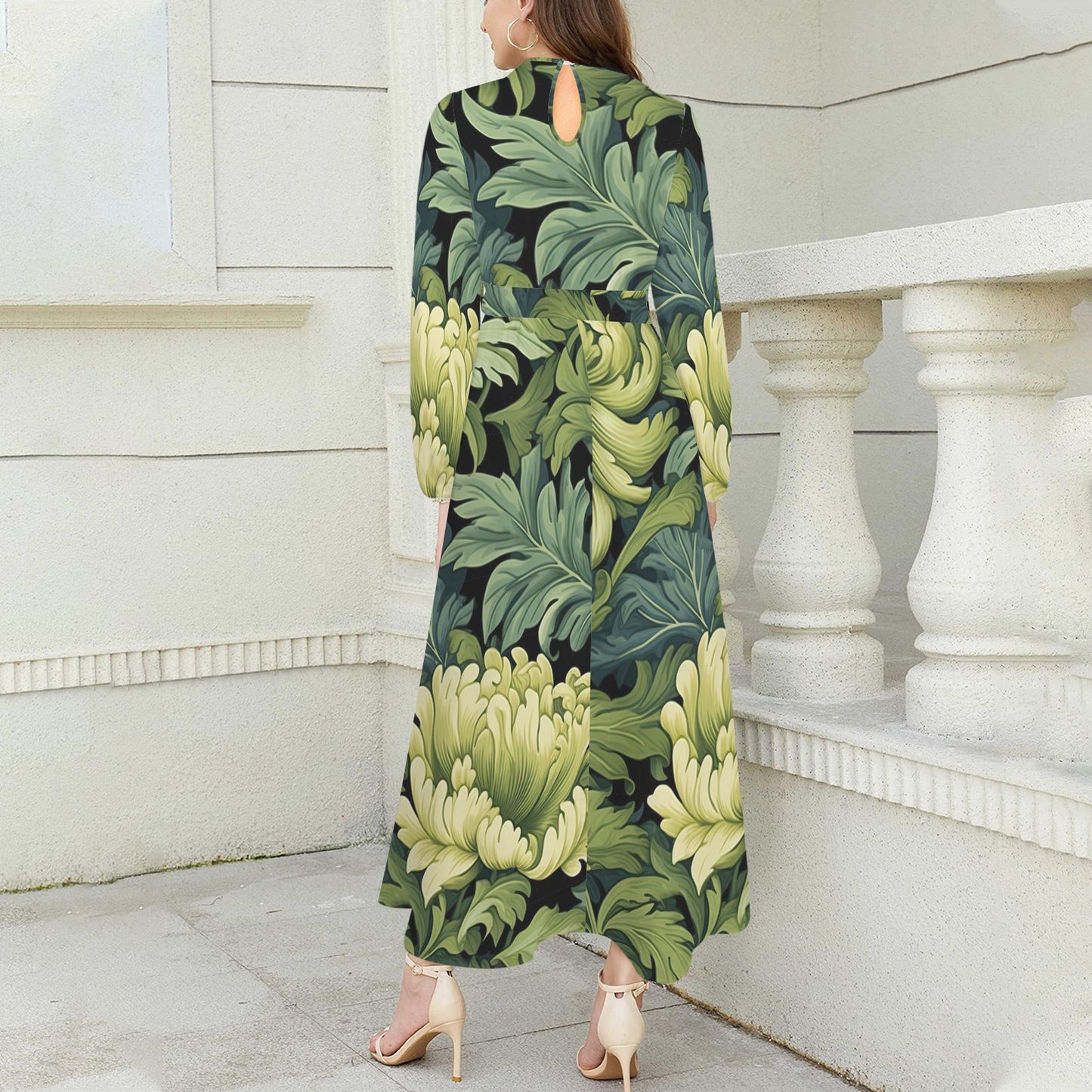 "Faith Ephesians 2:8" Green Floral Round Neck Long Sleeve Belted Maxi Dress