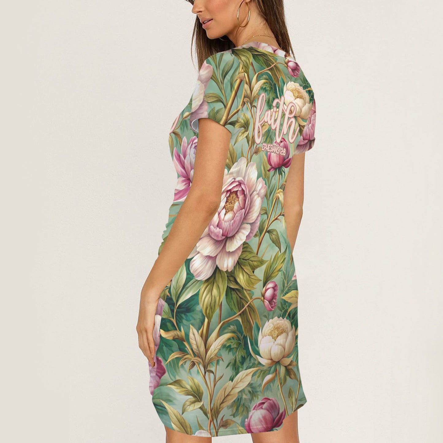 "Faith Ephesians 2:8" Pink & Green Floral Short Sleeve Wrap Bodycon Ruched Tie Waist Dress
