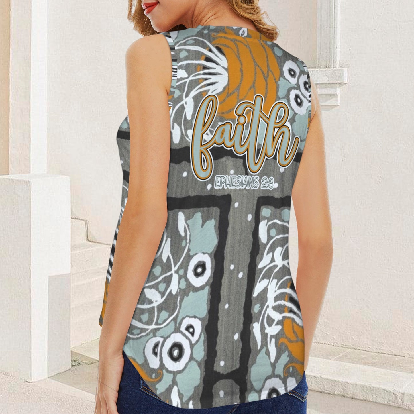 "Faith Ephesians 2:8" Orange Blue White Floral Women's V-Neck Sleeveless Tank Tops