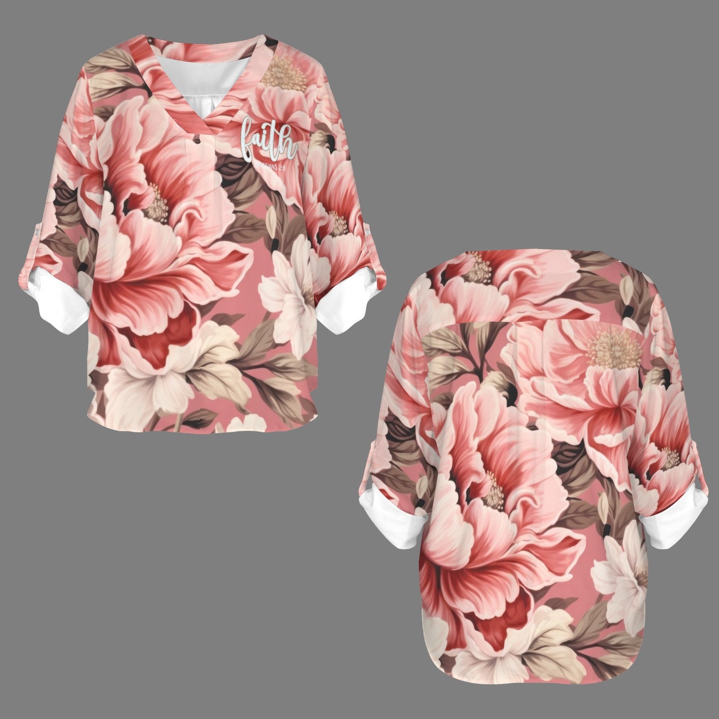 "Faith " Pink &White Floral Women's V-Neck Cuffed Sleeve Blouse Tops