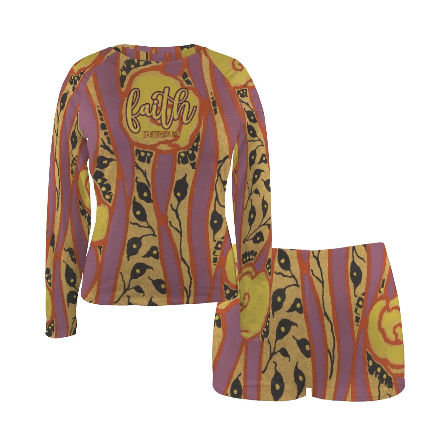 "Faith Ephesians 2:8" Yellow & Purple Stripe Women's Long Sleeve & Shorts Tankini Set