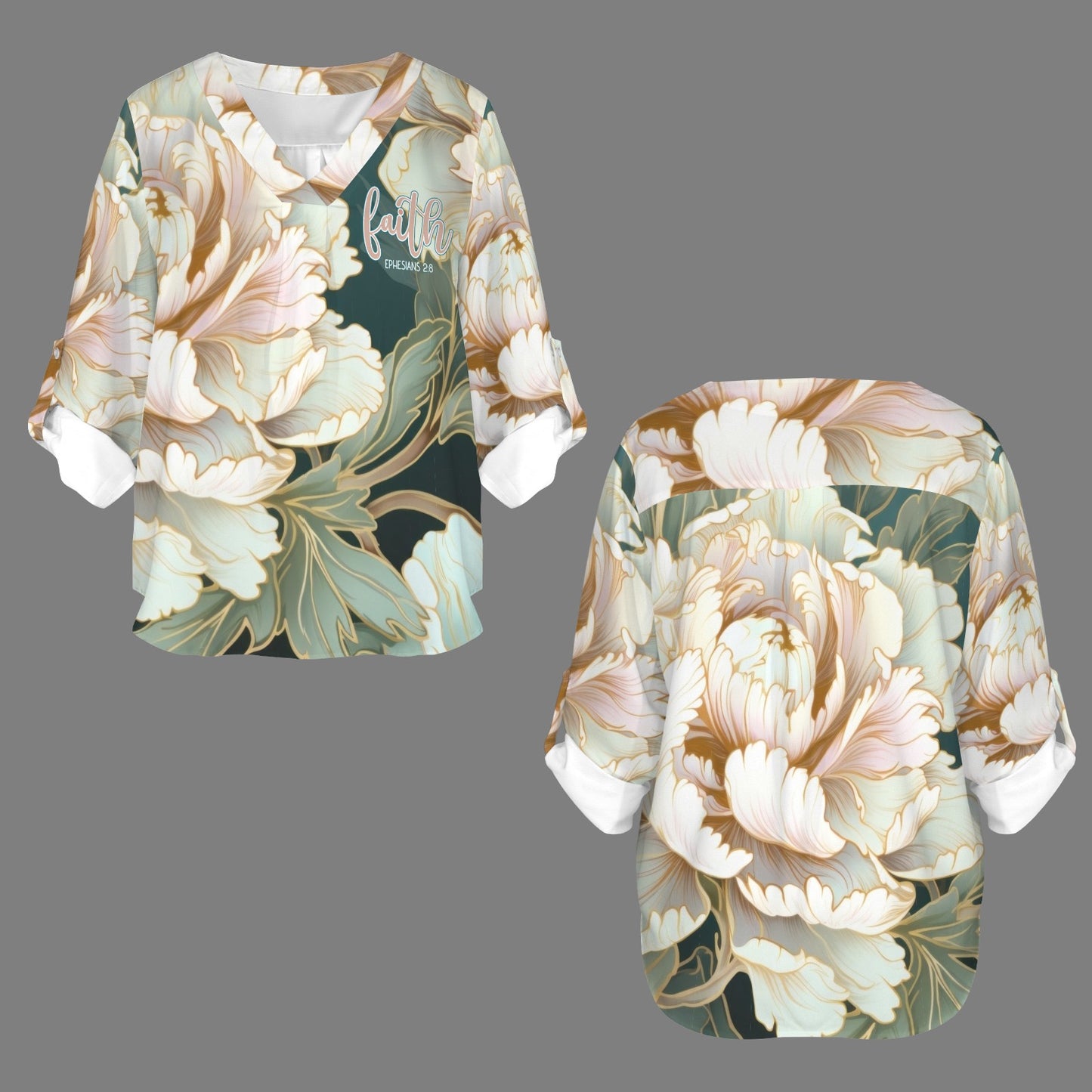 "Faith" Pink & Green Floral Women's V-Neck Cuffed Sleeve Blouse Tops
