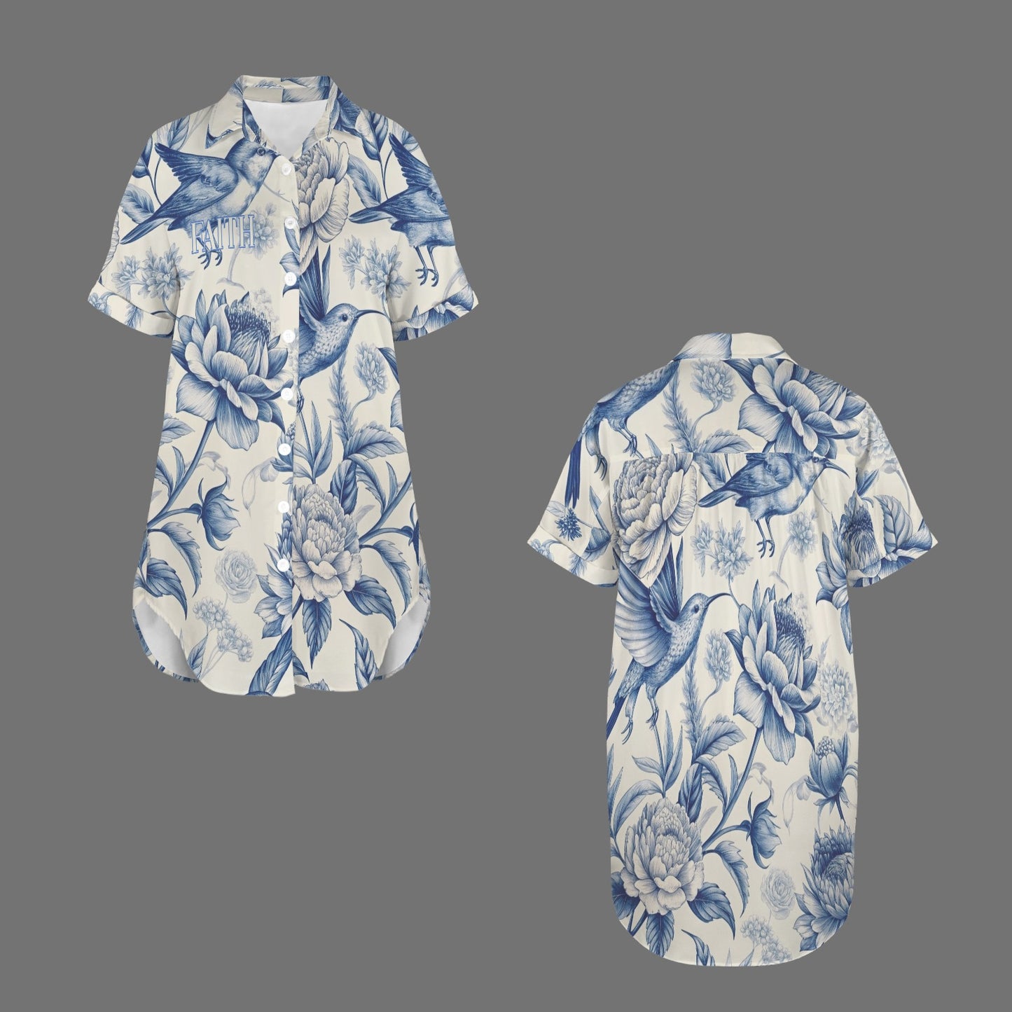 "Faith" Blue & cream Bird Floral Short Sleeve Button Front Shirt Dress
