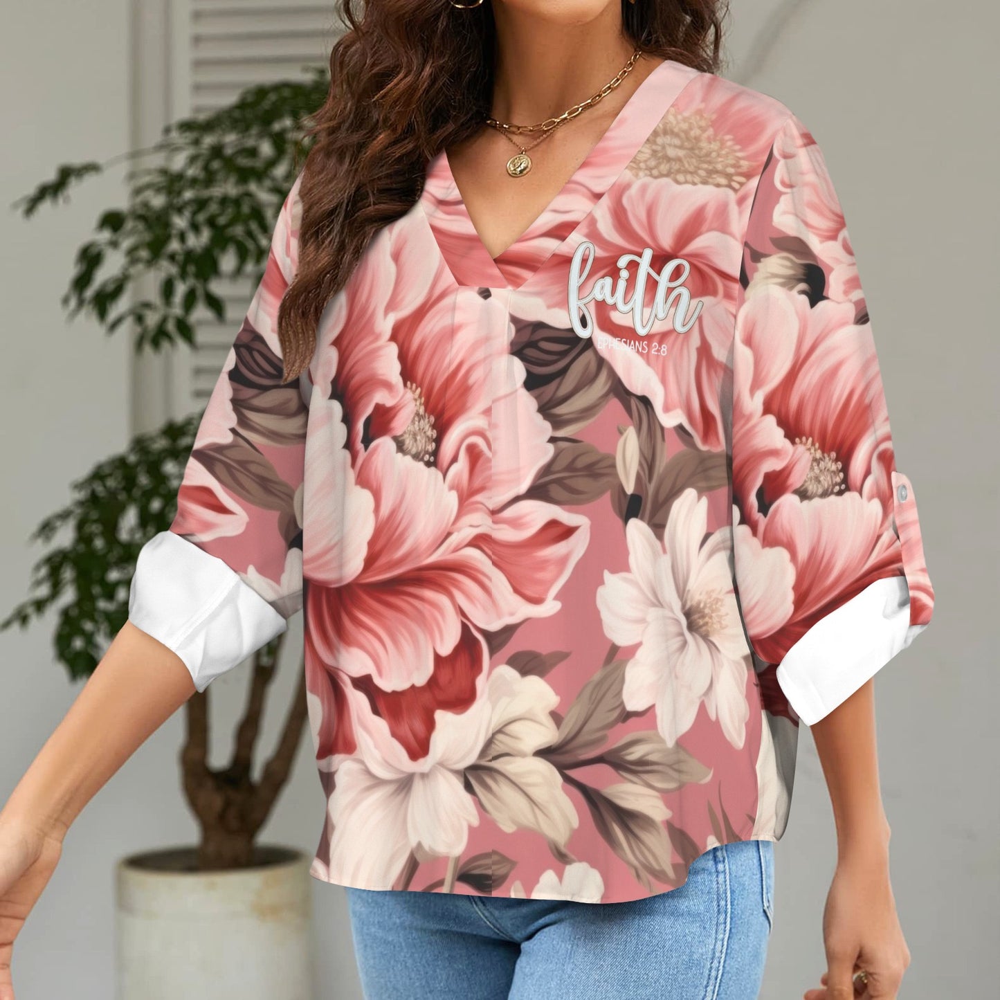 "Faith " Pink &White Floral Women's V-Neck Cuffed Sleeve Blouse Tops