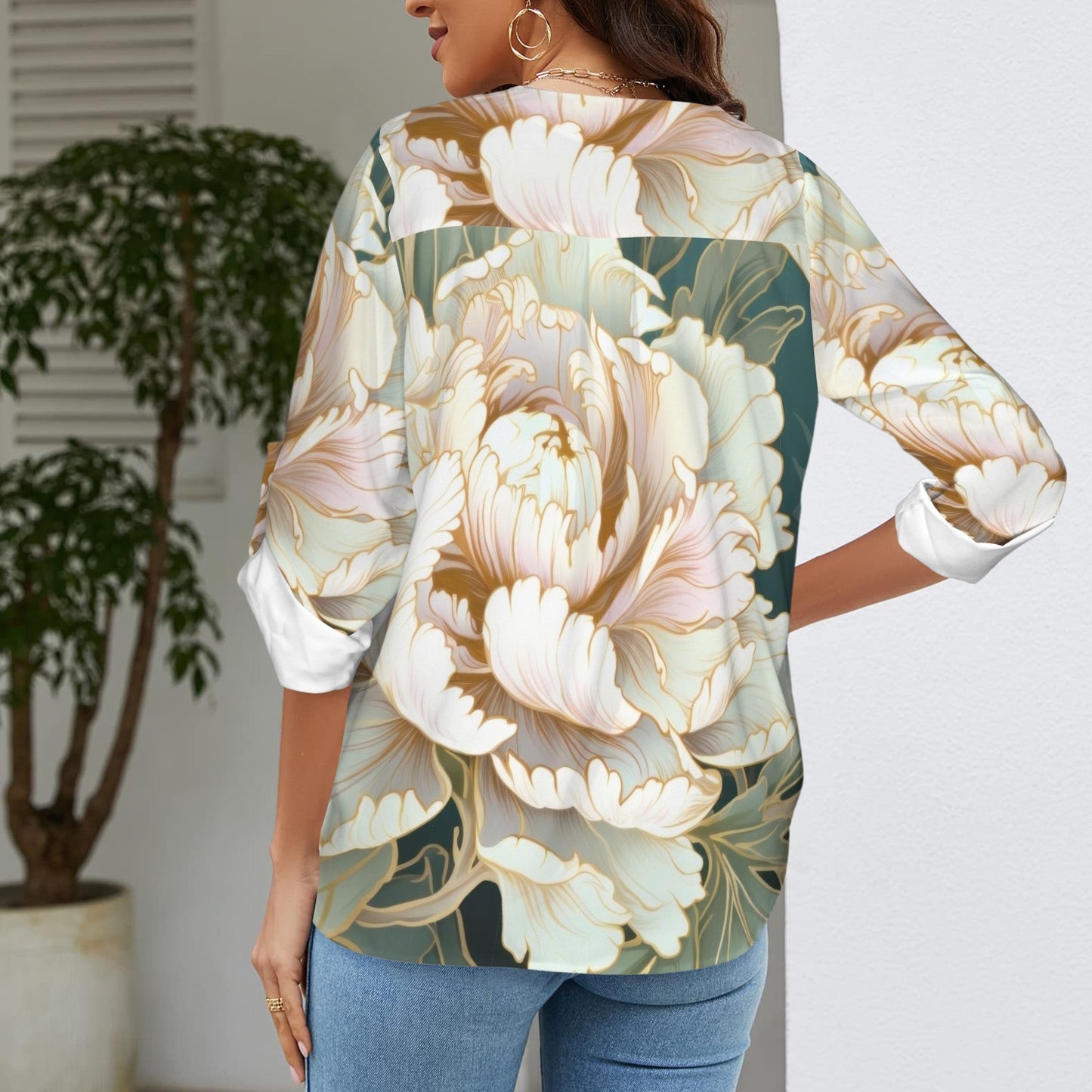 "Faith" Pink & Green Floral Women's V-Neck Cuffed Sleeve Blouse Tops