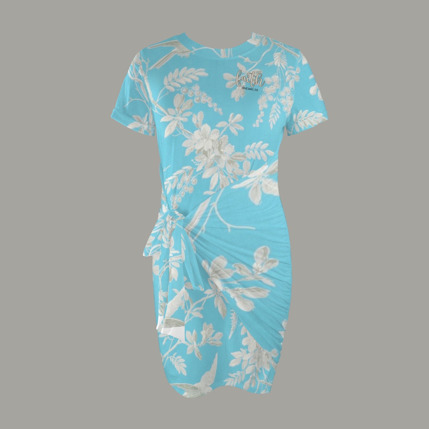 "Faith Ephesians 2:8" Blue Floral Short Sleeve Wrap Bodycon Ruched Tie Waist Dress