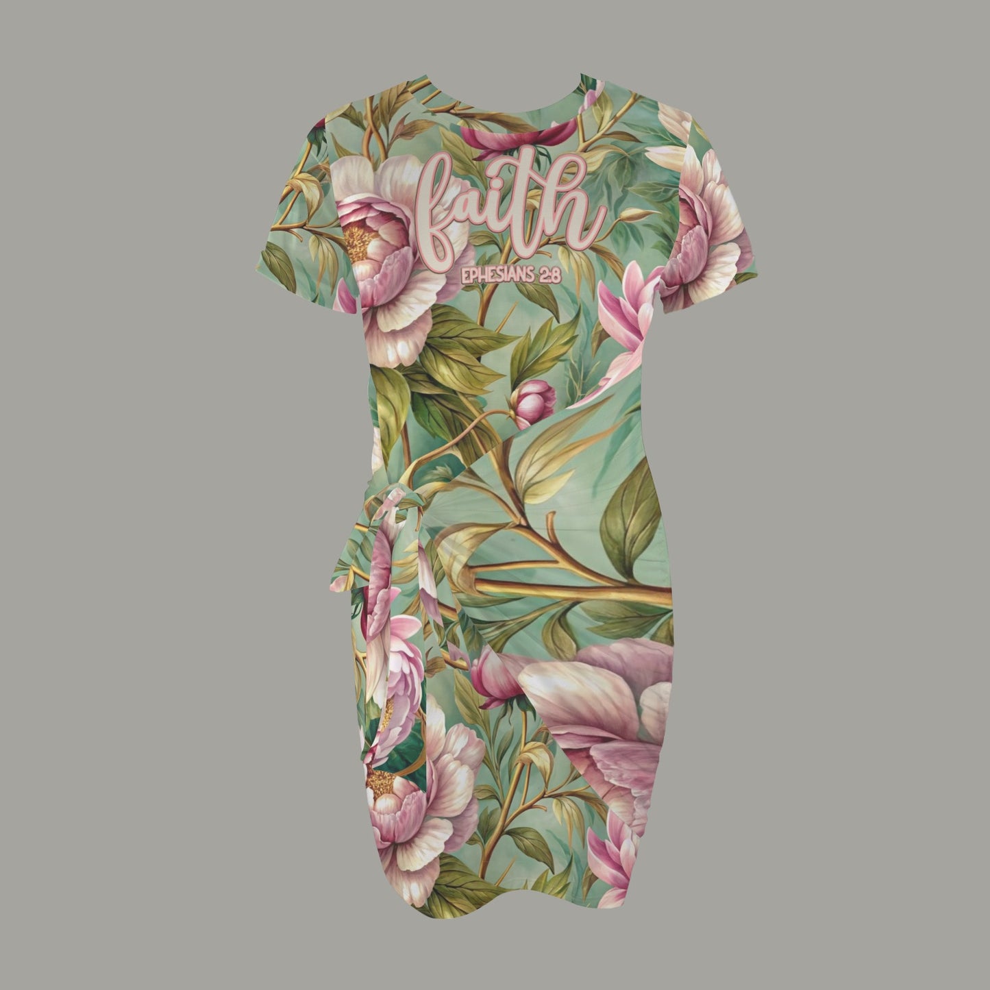 "Faith Ephesians 2:8" Pink & Green Floral Short Sleeve Wrap Bodycon Ruched Tie Waist Dress