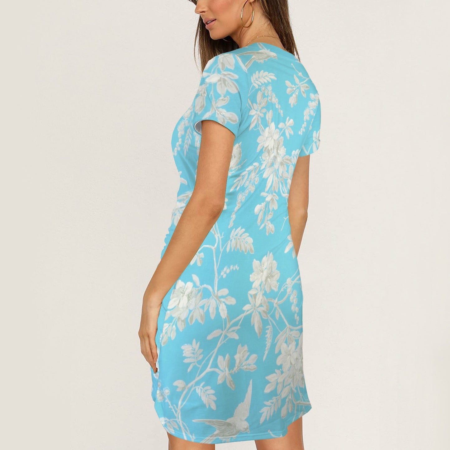 "Faith Ephesians 2:8" Blue Floral Short Sleeve Wrap Bodycon Ruched Tie Waist Dress