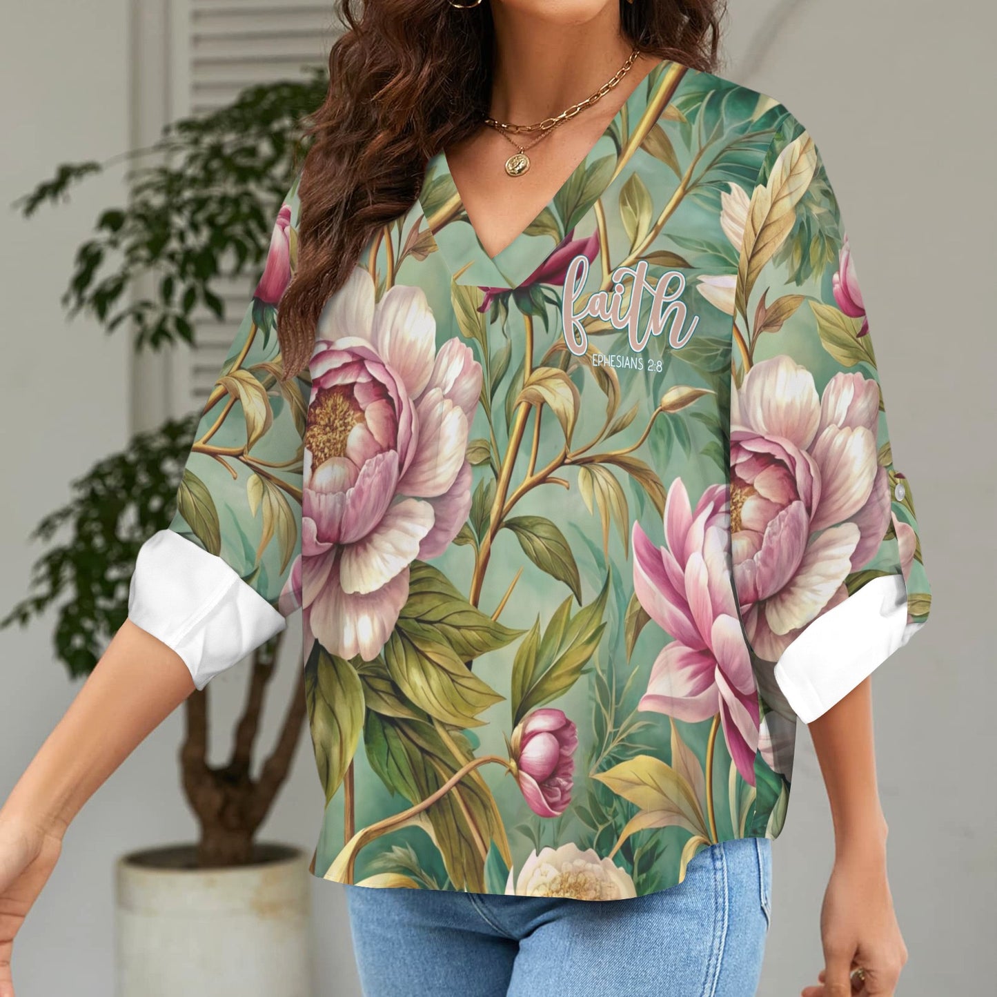 "Faith Ephesians 2:8" Pink & Green Floral Women's V-Neck Cuffed Sleeve Blouse Tops