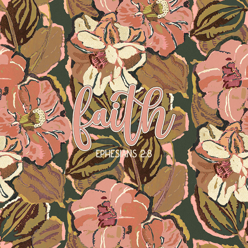 "Faith Ephesians 2:8" Pink & Green Floral Women's High Waist Pockets Yoga Leggings