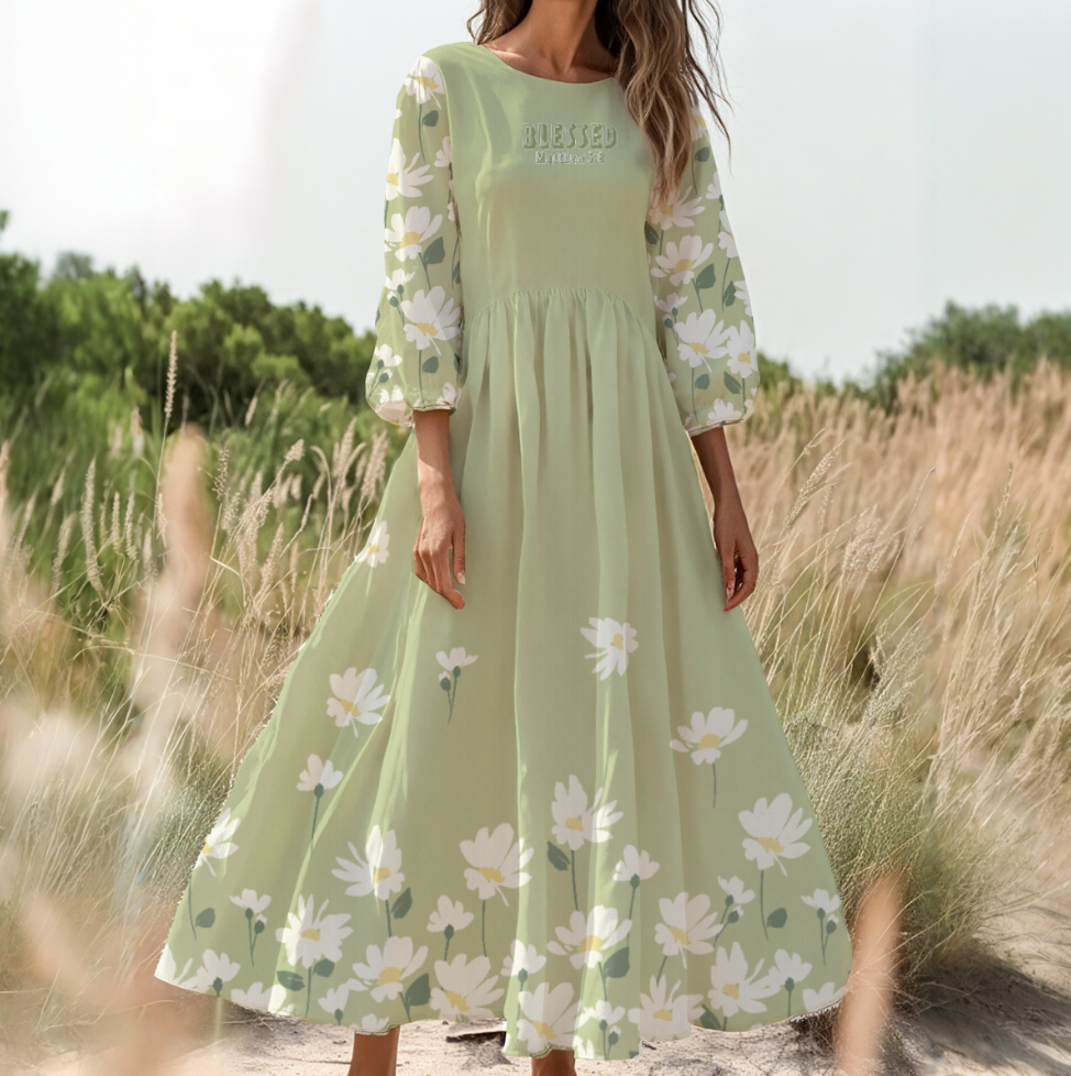 "Blessed Matthew 5:8" Women's White & Green Floral Long Sleeve Dress with High Waist & Puff Sleeves