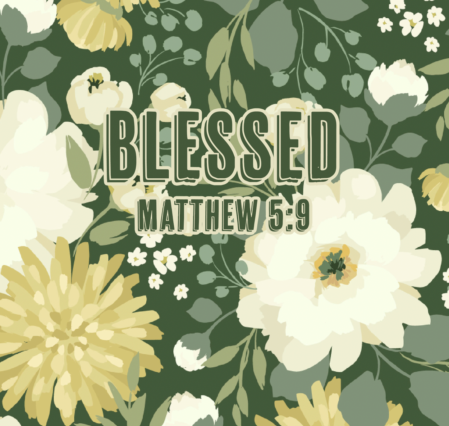 "Blessed Matthew 5:9" Women's Green & White Floral Print Long Dress with Puff Sleeves