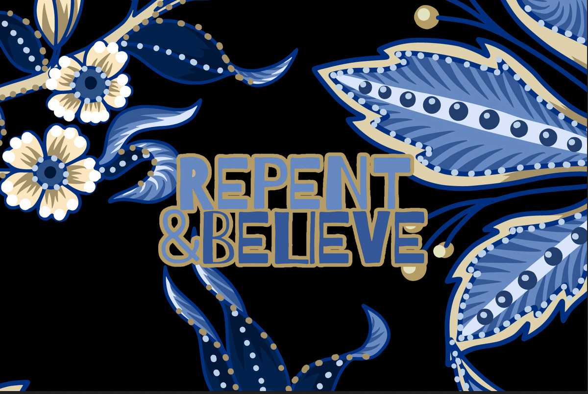 "Repent & Believe" Blue Floral Women's 3/4 Sleeve Button-Down Shirt - Lightweight Polyester Blend